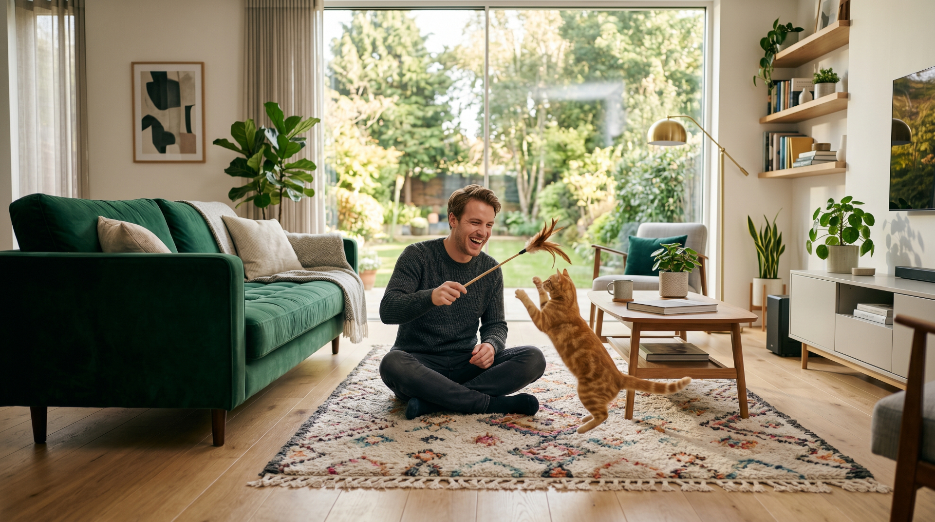 Owner playing with a happy cat in a clean living room