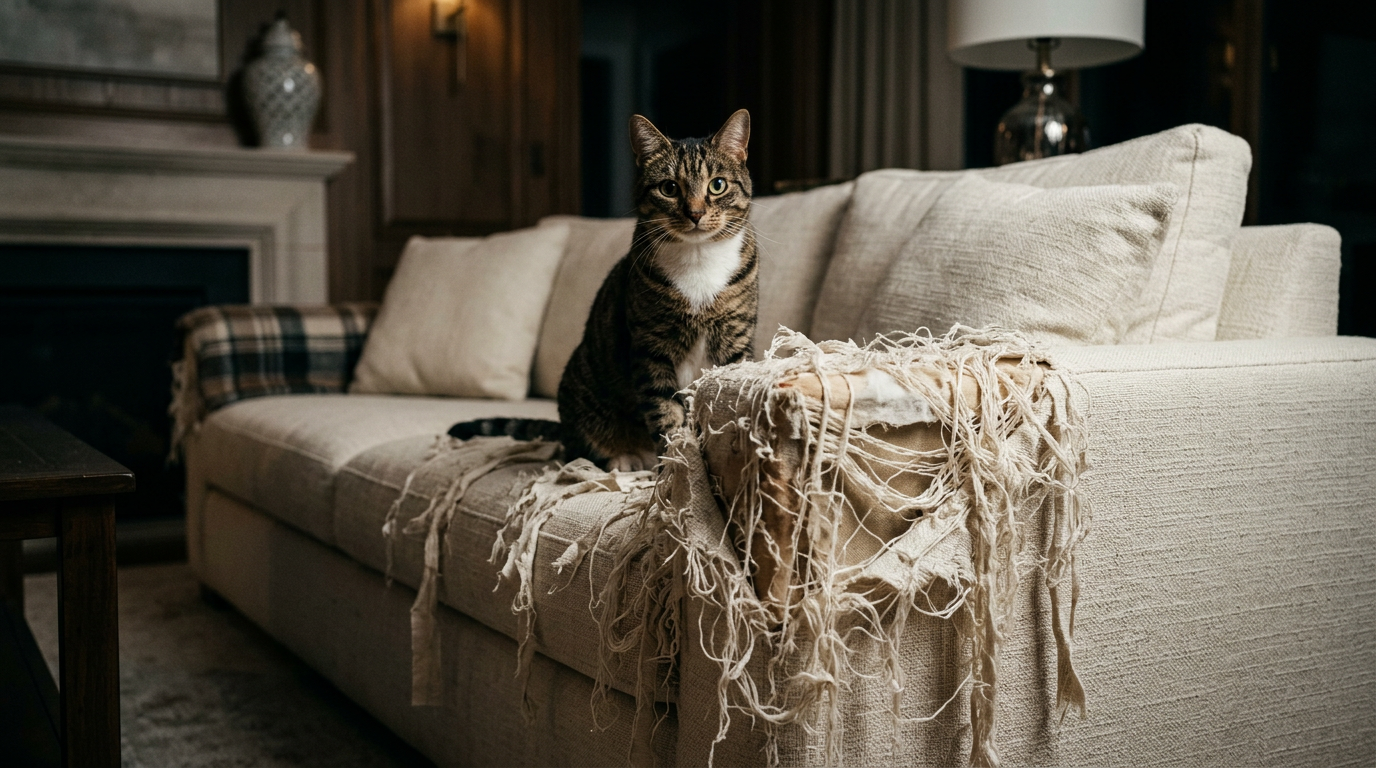 Cat sitting on a heavily shredded sofa in an elegant living room