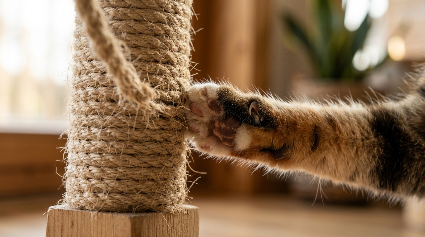 Cat paw on a tall sisal scratching post